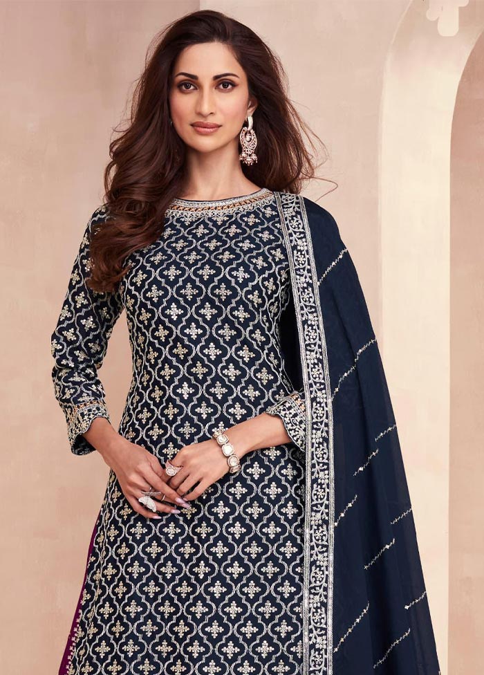 3 Pc Navy Blue Semi Stitched Silk Suit Set Cheap Sale Professional