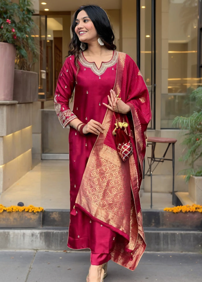 3 Pc Maroon Readymade Silk Suit Set Cheapest Sale Online