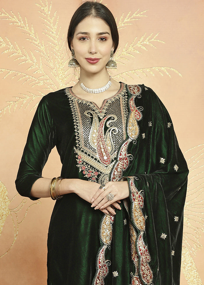 3 Pc Green Unstitched Velvet Suit Set Visit For Sale