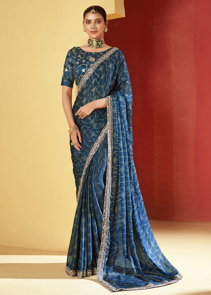 Blue Chiffon Silk Saree With Blouse Piece Cheap Sale 100% Guaranteed