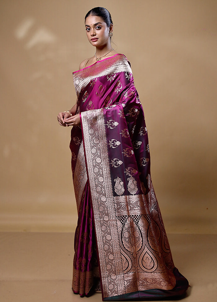 Purple Banarasi Silk Saree With Blouse Piece Sale Wholesale Pice