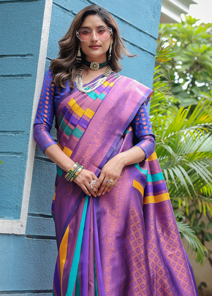 Purple Kanjivaram Silk Saree With Blouse Piece Perfect Cheap Pice