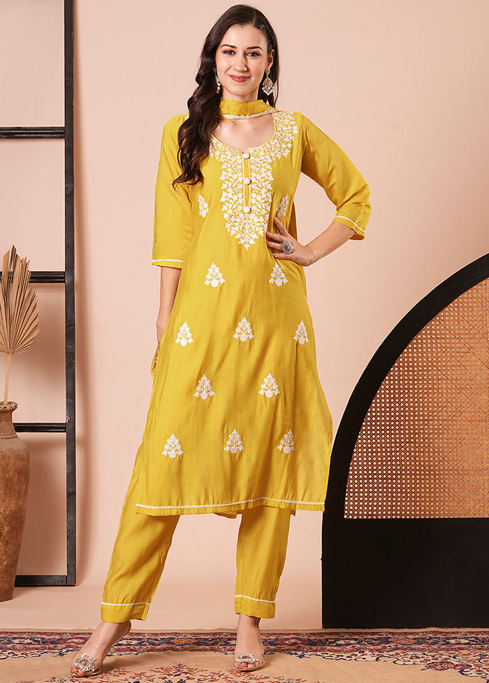 3 Pc Yellow Readymade Viscose Dupatta Suit Set Tumblr