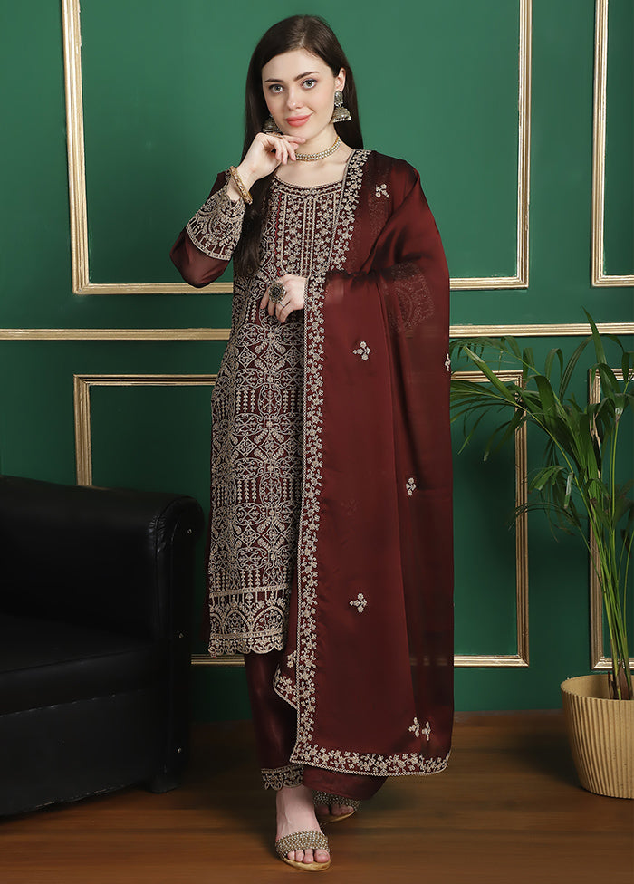 3 Pc Maroon Unstitched Georgette Suit Set Original Online