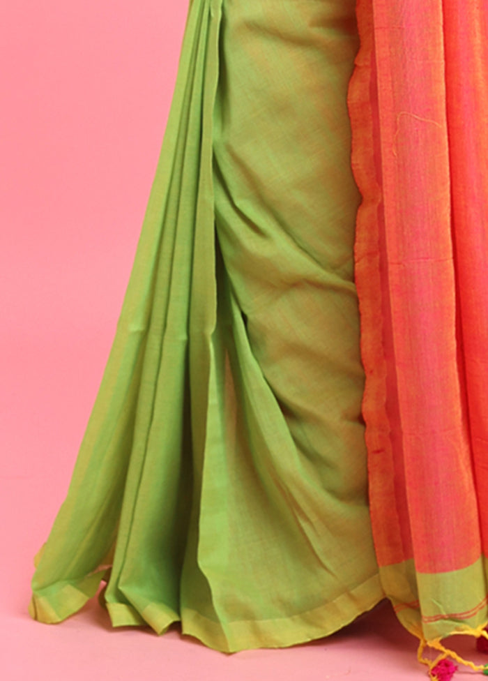 Parrot Green Cotton Saree With Blouse Piece Clearance For Cheap