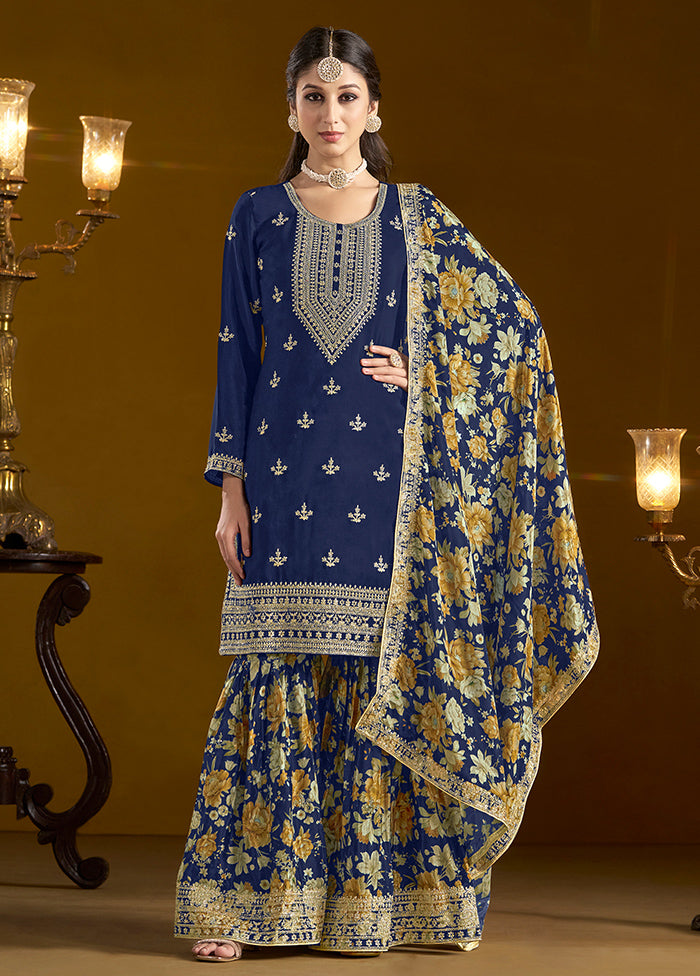 3 Pc Blue Readymade Silk Dupatta Suit Set Big Sale