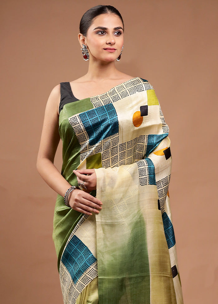 Green Printed Pure Silk Saree Without Blouse Piece Footaction Online