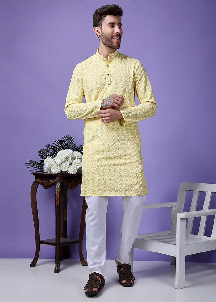 2 Pc Yellow Silk Kurta Pajama Set Classic