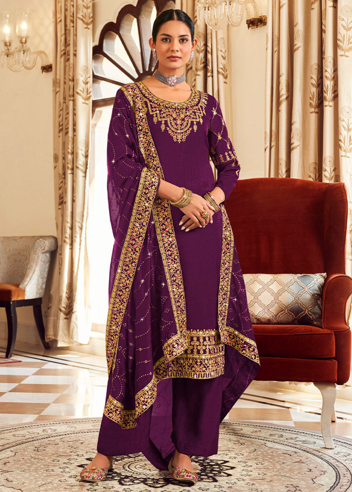 3 Pc Purple Pure Semi Stitched Silk Suit Set With Mastercard Online