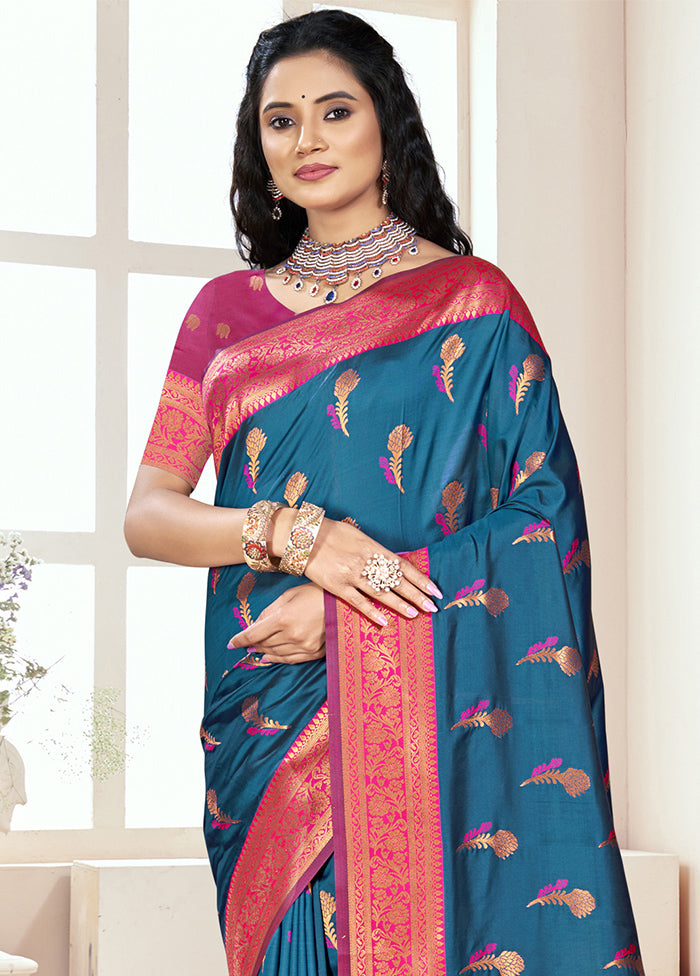 Blue Dupion Silk Saree With Blouse Piece Cheap Sale Big Sale