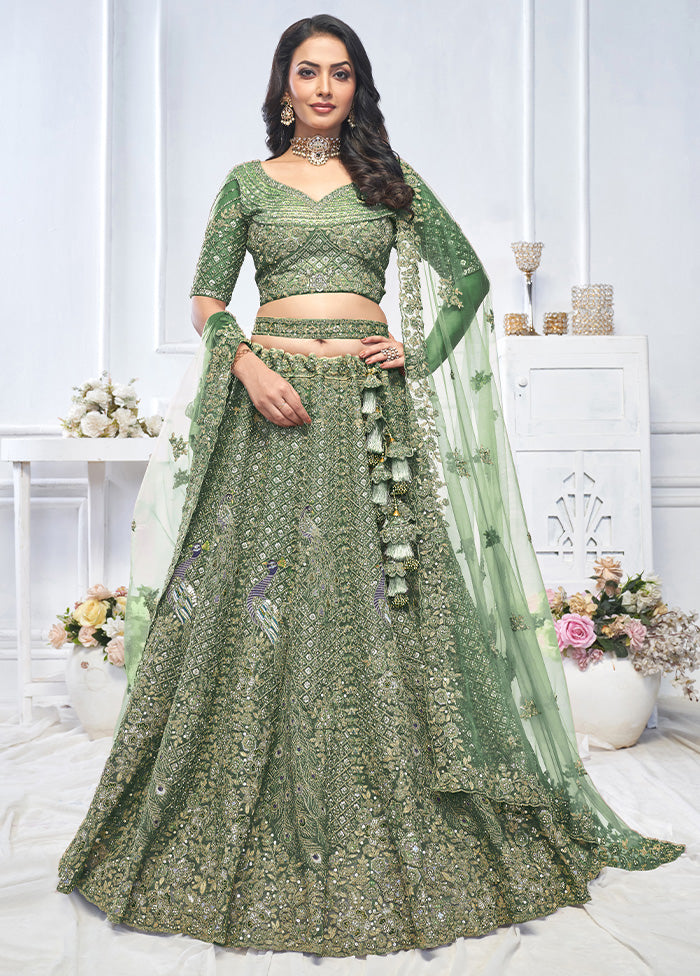 3 Pc Green Net Semi Stitched Lehenga Set Free Shipping The Cheapest