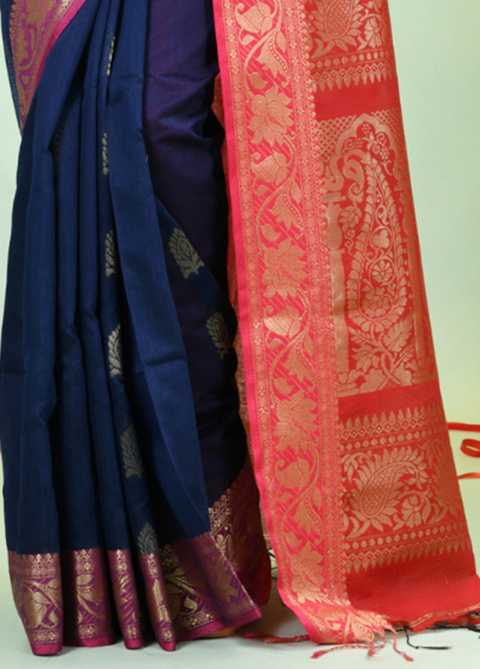 Navy Blue Pure Cotton Saree With Blouse Piece Cheap Sale From China