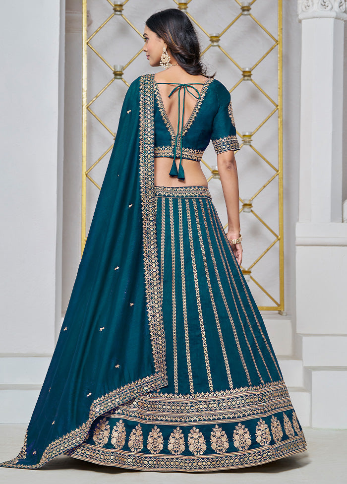 3 Pc Teal Blue Silk Semi Stitched Lehenga Set From China Sale Online