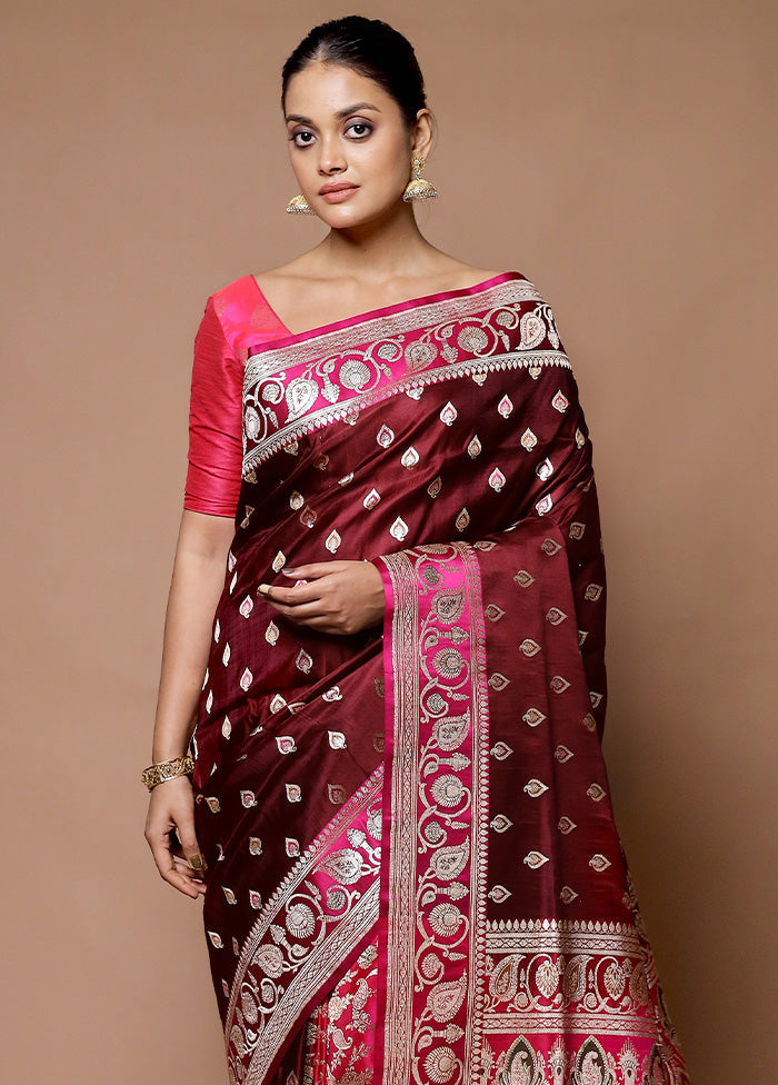 Maroon Handloom Banarasi Pure Silk Saree With Blouse Piece Discount Best Seller