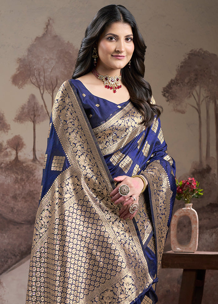 Navy Blue Spun Silk Saree With Blouse Piece Outlet Hot Sale