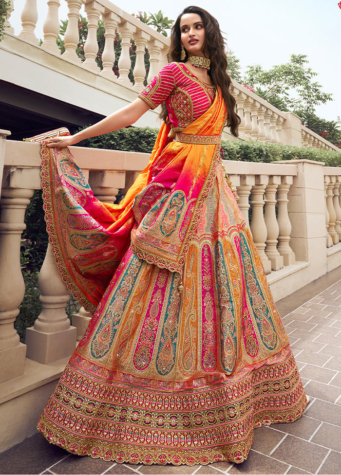 3 Pc Multicolor Silk Semi Stitched Lehenga Set Online Cheap Pice