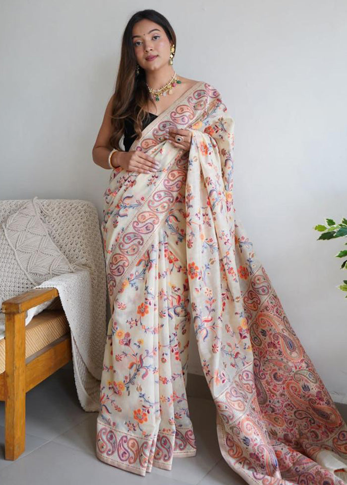 Cream Banarasi Silk Saree With Blouse Piece Manchester Sale Online