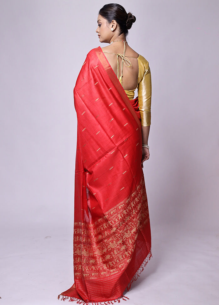 Red Handloom Tussar Pure Silk Saree With Blouse Piece For Nice Online