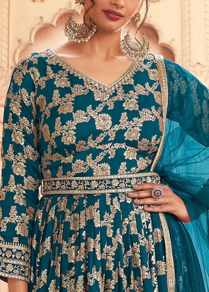 3 Pc Teal Semi Stitched Silk Suit Set Cheap Sale Online