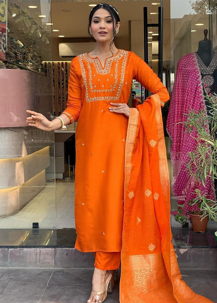 3 Pc Orange Readymade Viscose Dupatta Suit Set Store Sale Online