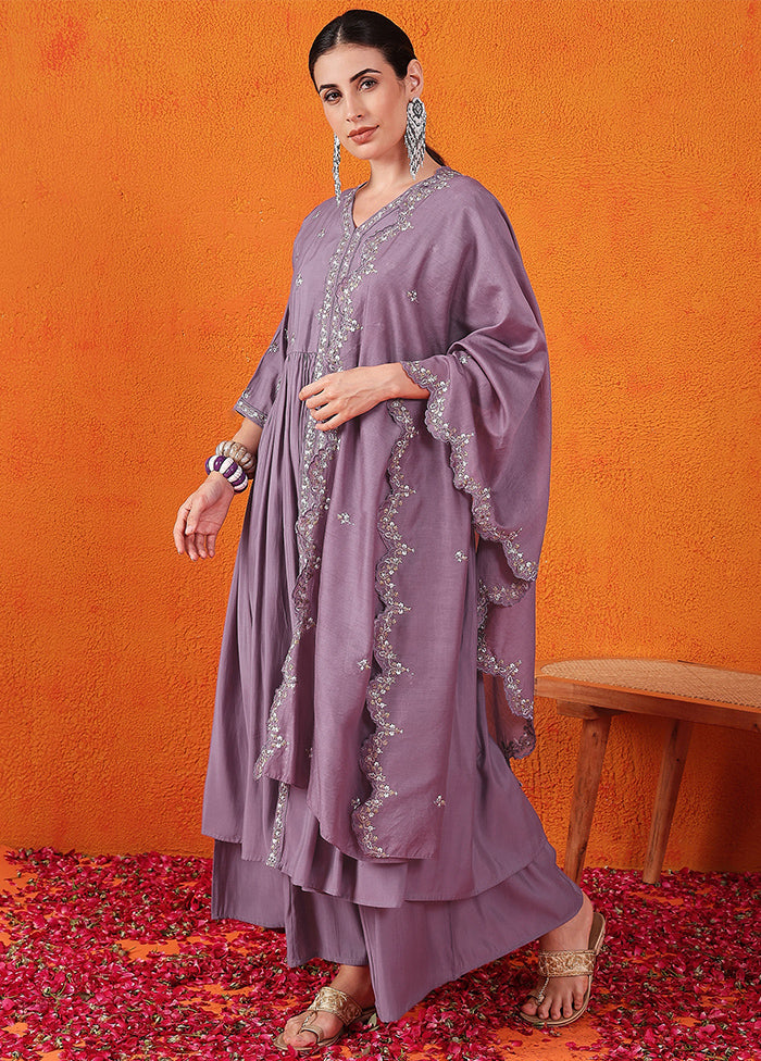 3 Pc Purple Readymade Silk Suit Set Clearance Classic