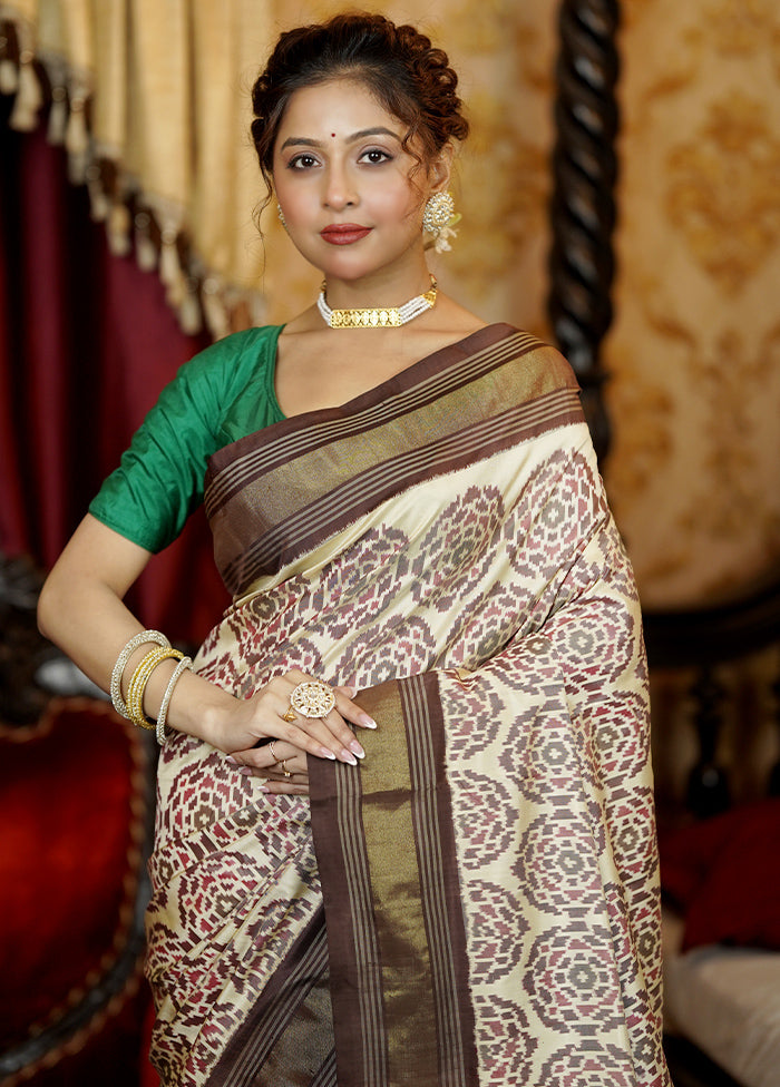 Cream Handloom Ikkat Pure Silk Saree With Blouse Piece Comfortable