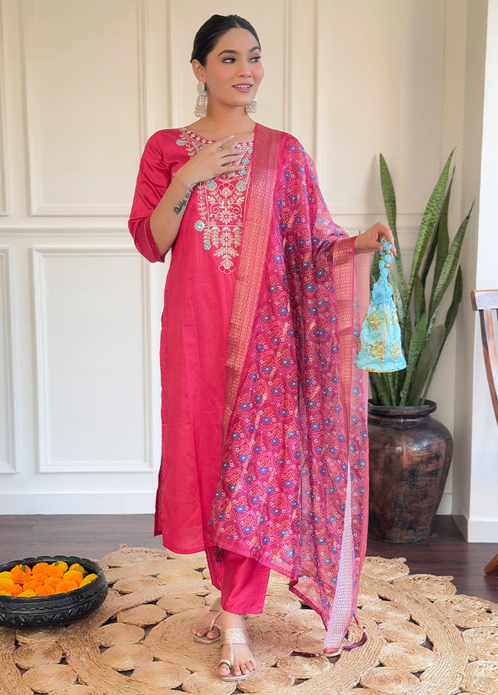 3 Pc Pink Readymade Chanderi Dupatta Suit Set Free Shipping Outlet Store