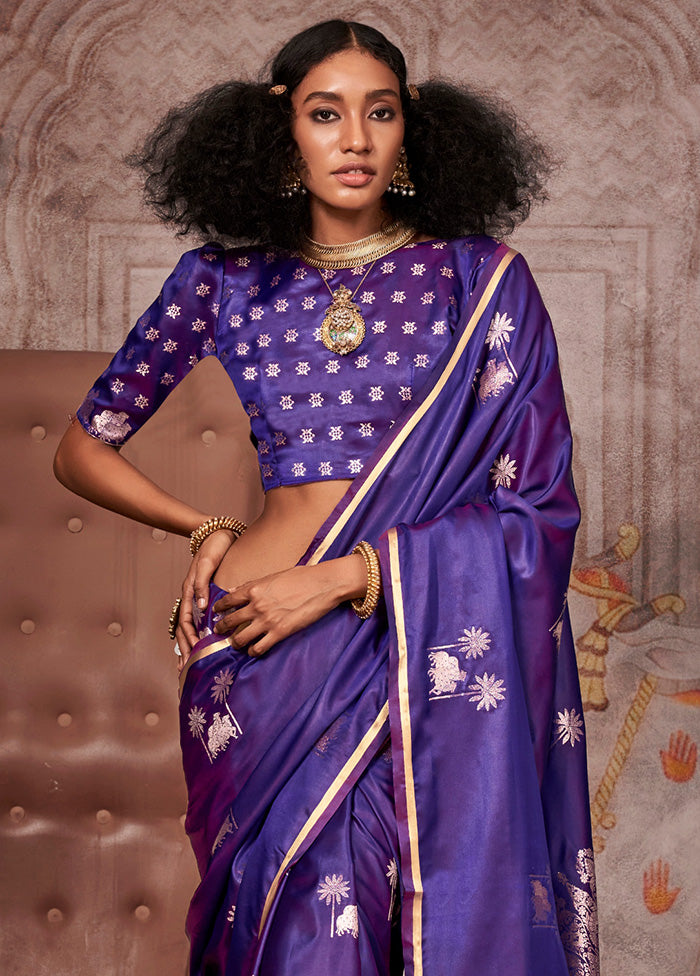 Dark Purple Satin Silk Saree With Blouse Piece Discount Best Pices