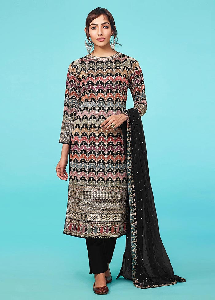 3 Pc Black Semi Stitched Georgette Suit Set Outlet Official Site