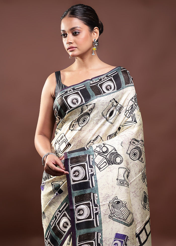 Cream Printed Pure Silk Saree Without Blouse Piece Cheap Sale Discounts