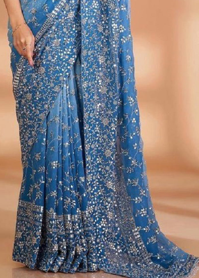 Blue Georgette Saree With Blouse Piece Enjoy For Sale