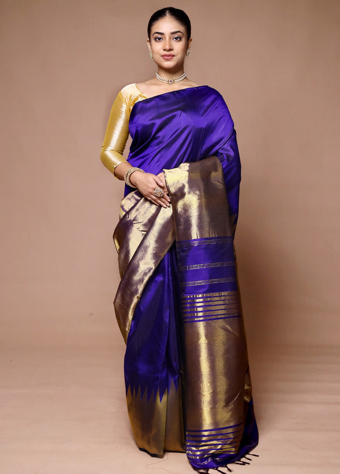 Blue Handloom Kanchipuram Pure Silk Saree With Blouse Piece Visit For Sale