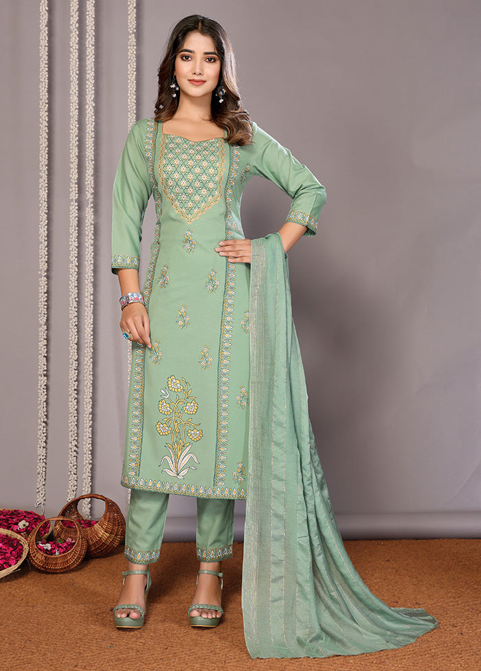 3 Pc Green Readymade Cotton Suit Set Cheap New Arrival