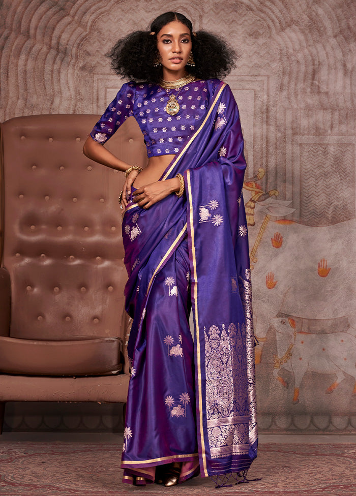 Dark Purple Satin Silk Saree With Blouse Piece Discount Best Pices