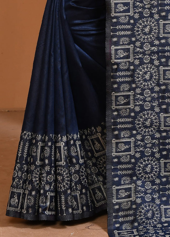 Navy Blue Spun Silk Saree With Blouse Piece Free Shipping Low Shipping