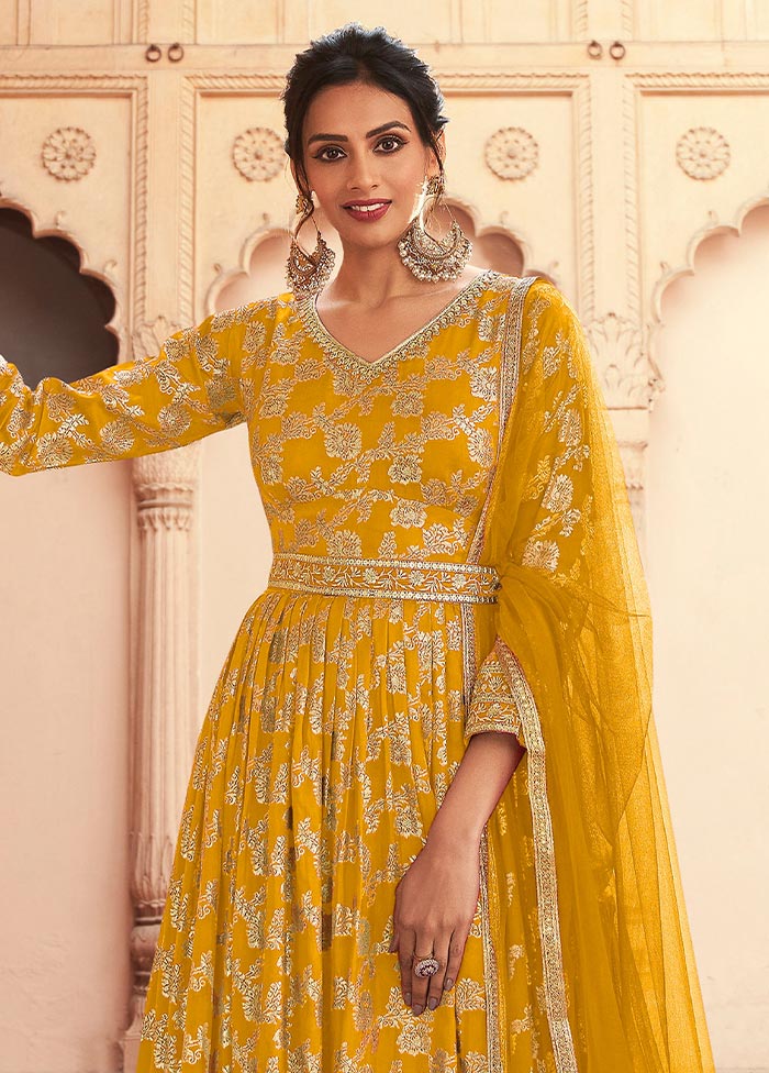 3 Pc Yellow Semi Stitched Silk Suit Set Buy Cheap Authentic