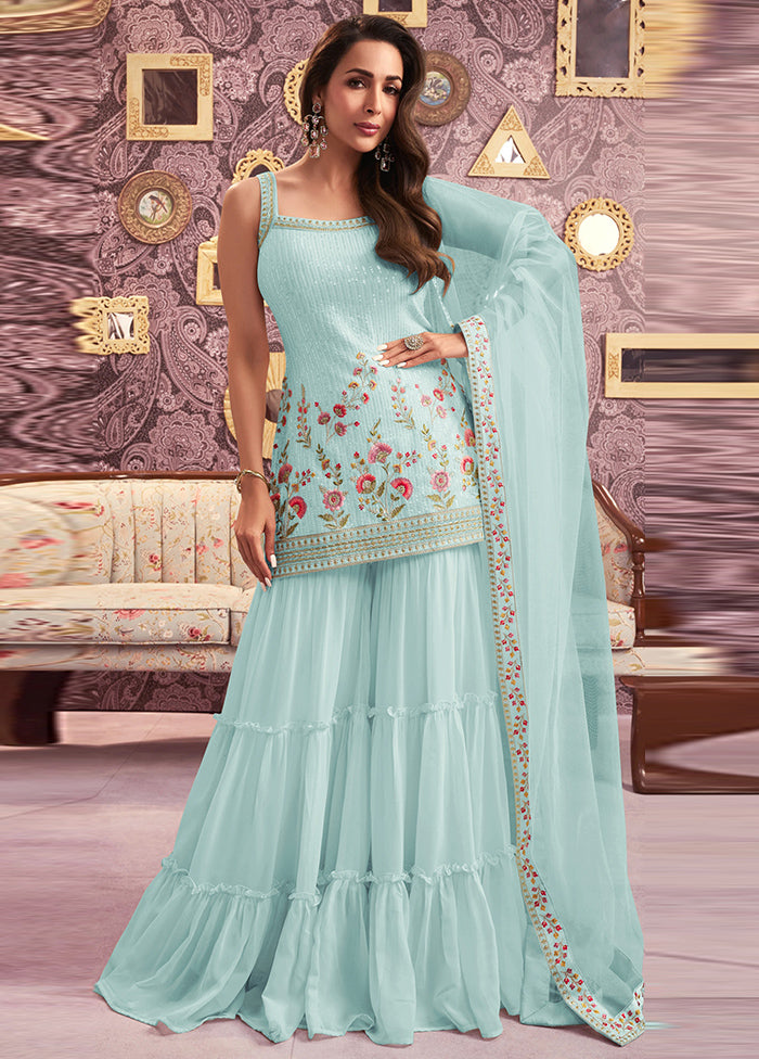 3 Pc Sky Blue Semi Stitched Georgette Suit Set Free Shipping Buy