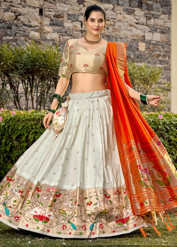 3 Pc White Silk Semi Stitched Lehenga Set Sale 100% Original