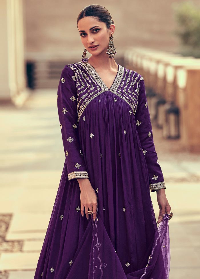 3 Pc Purple Semi Stitched Silk Suit Set Cheap Sale Many Kinds Of