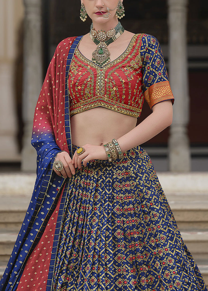 3 Pc Blue Silk Semi Stitched Lehenga Set Sale Fast Delivery