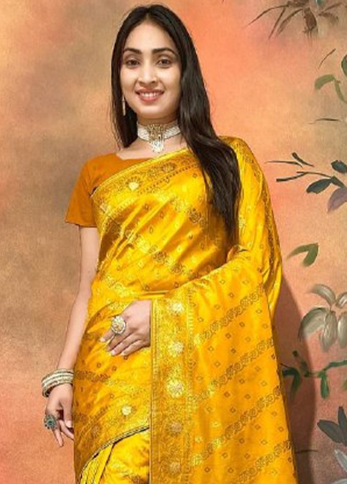 Yellow Dupion Silk Saree With Blouse Piece Clearance Fast Delivery