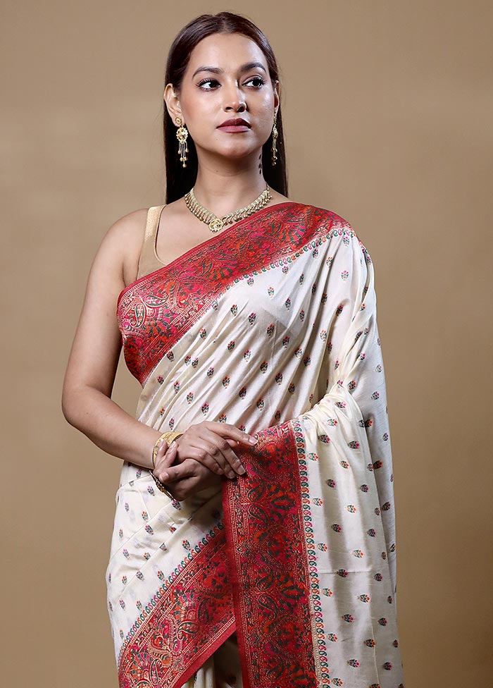 Cream Dupion Silk Saree With Blouse Piece For Sale