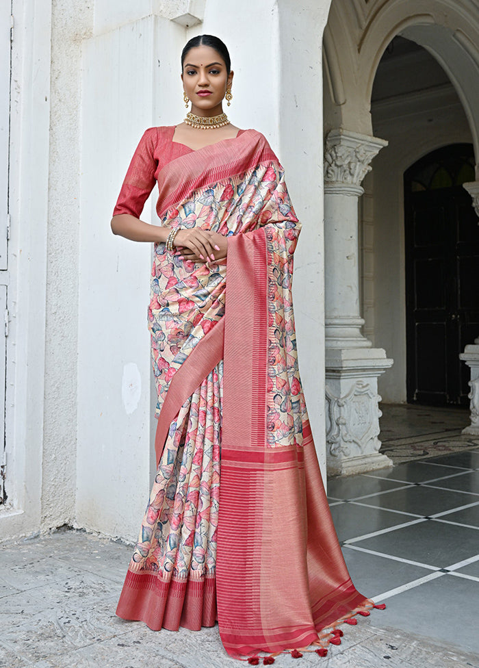 Peach Tussar Silk Saree With Blouse Piece Clearance Official