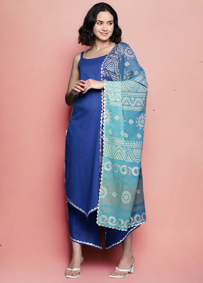 3 Pc Blue Pure Readymade Cotton Dupatta Suit Set Manchester