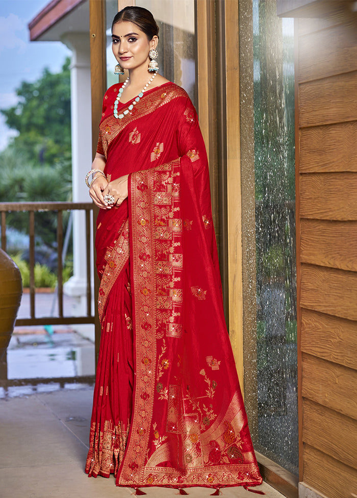 Red Dupion Silk Saree With Blouse Piece Shop Offer Online