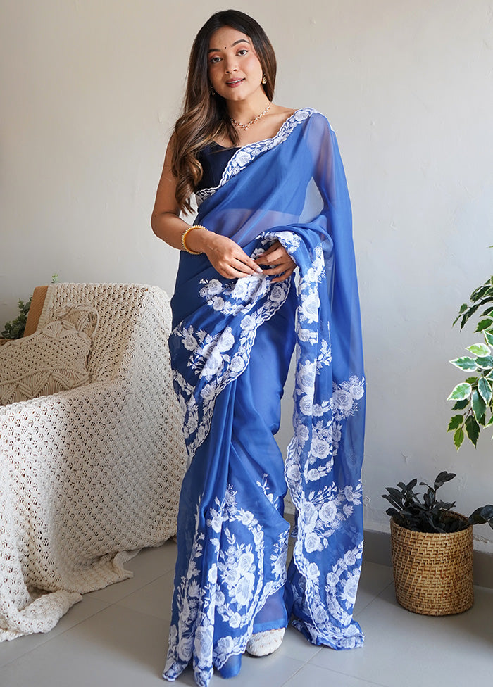 Blue Organza Saree With Blouse Piece Comfortable