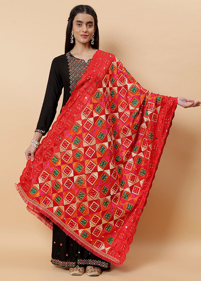 Red Chinon Phulkari Work Dupatta Free Shipping New Styles