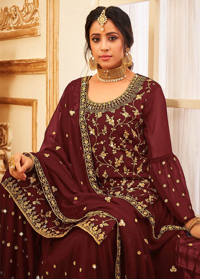 3 Pc Maroon Semi Stitched Georgette Suit Set Cheap Visit