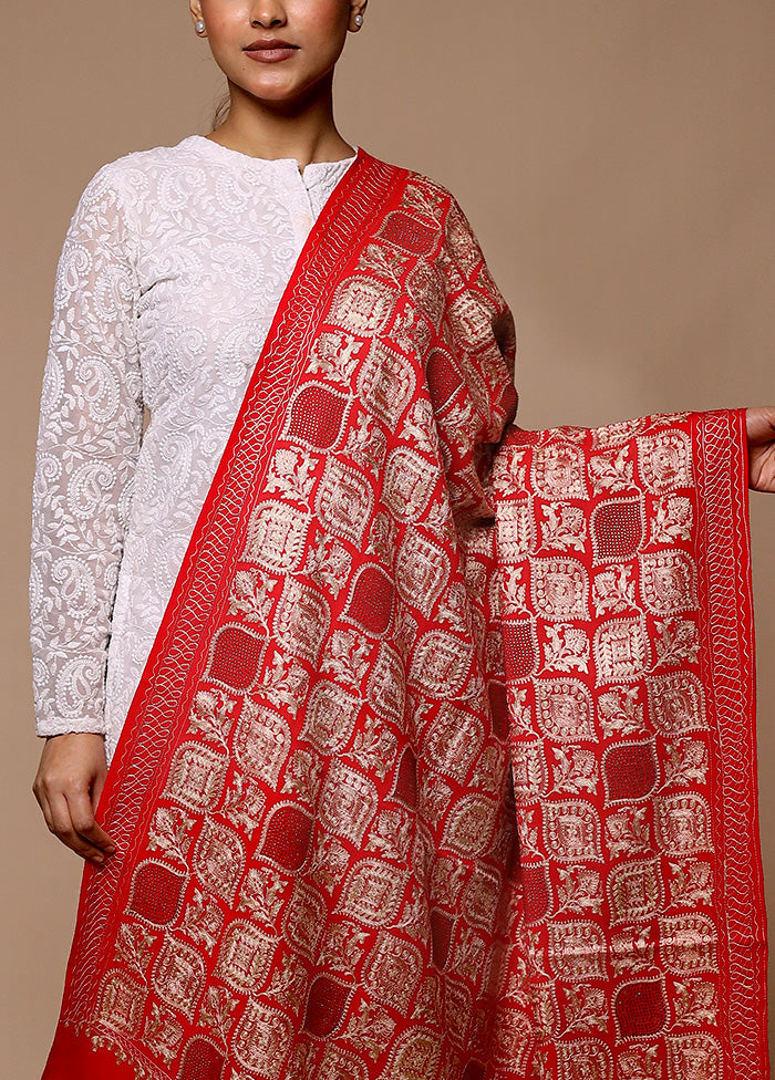 Red Butta Work With Zari Woven Border Shawl Discount Recommend