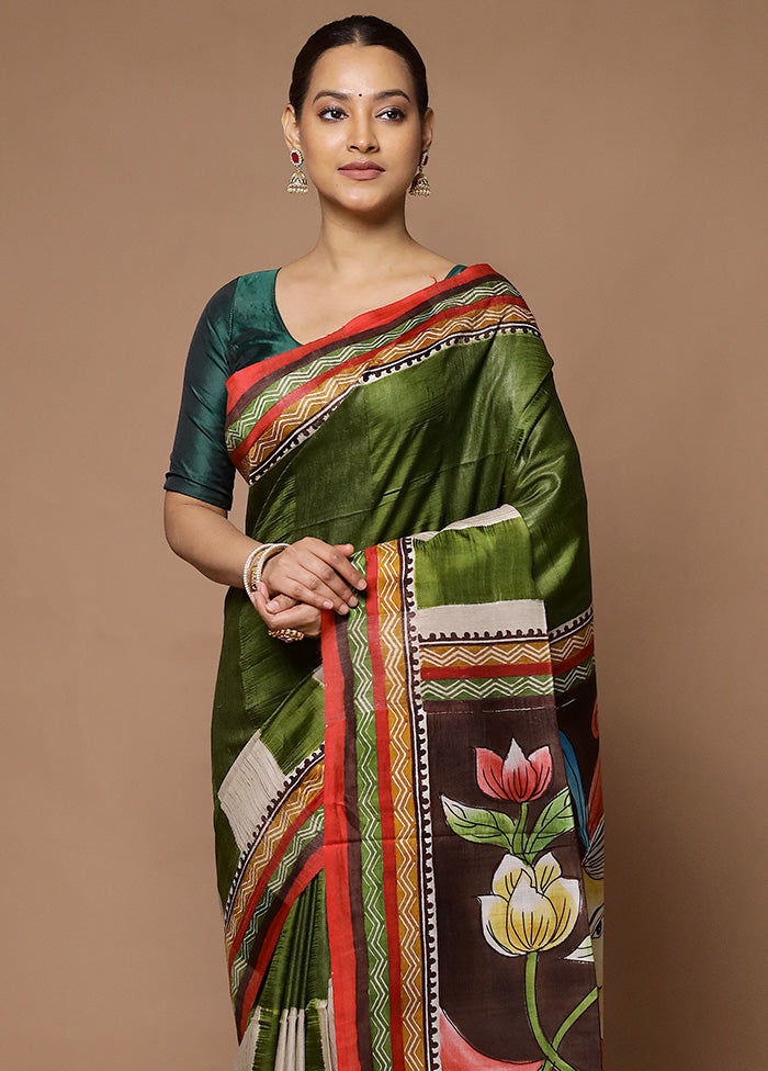 Green Printed Pure Silk Saree Without Blouse Piece Discount For Sale